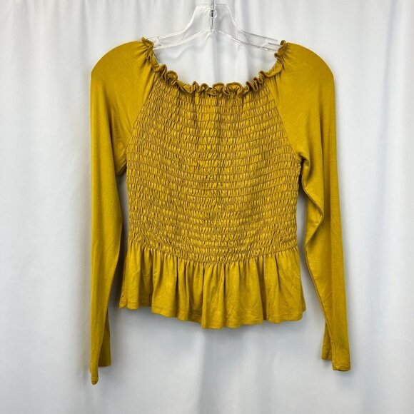 Moa Moa Womens Mustard Ruffle Long Sleeve Round Neck Smocked Top Size Medium - Picture 2 of 8